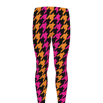 Orange Pink And Black Houndstooth Print Men's leggings