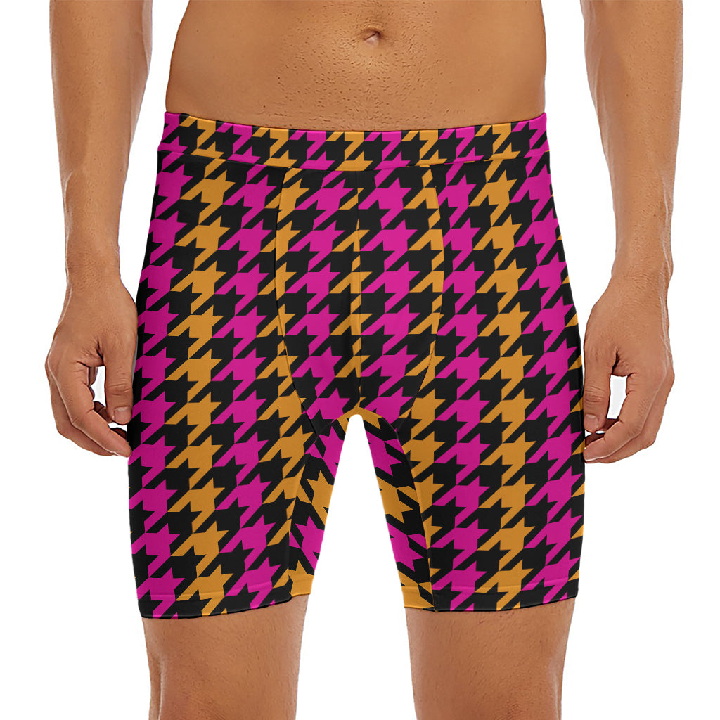 Orange Pink And Black Houndstooth Print Men's Long Boxer Briefs