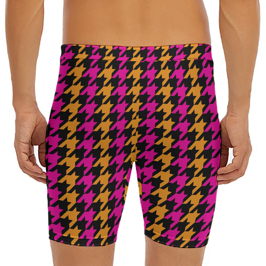 Orange Pink And Black Houndstooth Print Men's Long Boxer Briefs