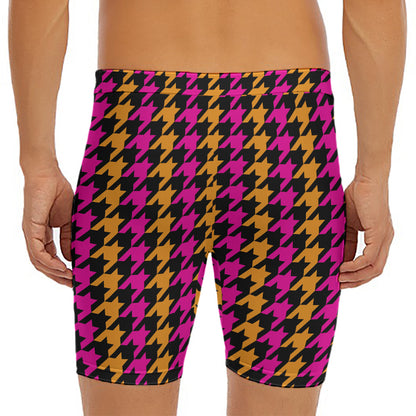 Orange Pink And Black Houndstooth Print Men's Long Boxer Briefs