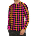 Orange Pink And Black Houndstooth Print Men's Long Sleeve Rash Guard