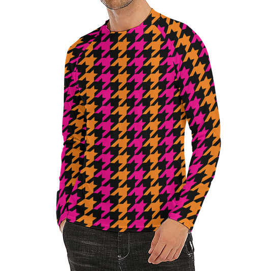 Orange Pink And Black Houndstooth Print Men's Long Sleeve Rash Guard