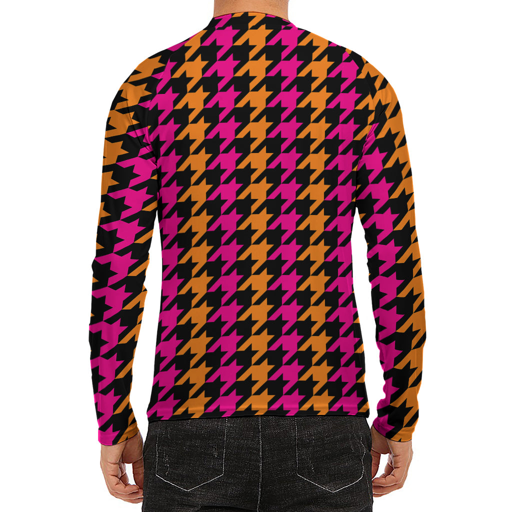 Orange Pink And Black Houndstooth Print Men's Long Sleeve Rash Guard