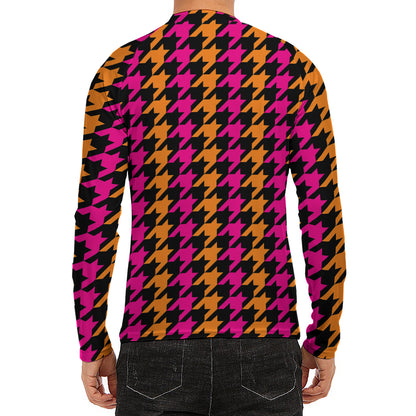 Orange Pink And Black Houndstooth Print Men's Long Sleeve Rash Guard
