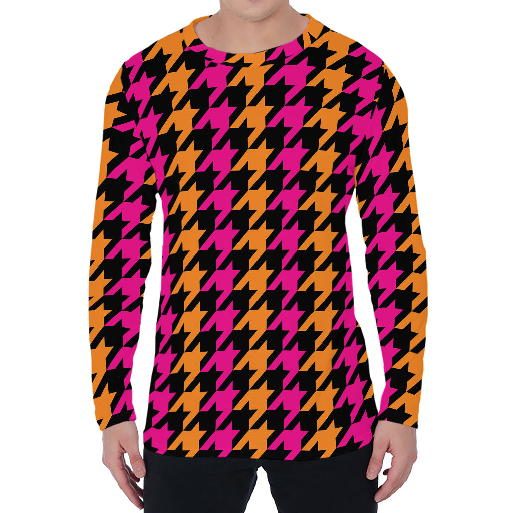 Orange Pink And Black Houndstooth Print Men's Long Sleeve T-Shirt