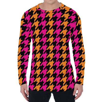 Orange Pink And Black Houndstooth Print Men's Long Sleeve T-Shirt