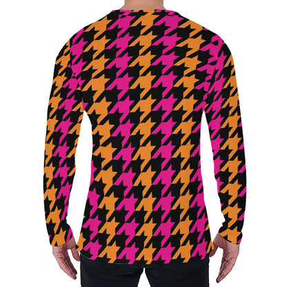 Orange Pink And Black Houndstooth Print Men's Long Sleeve T-Shirt