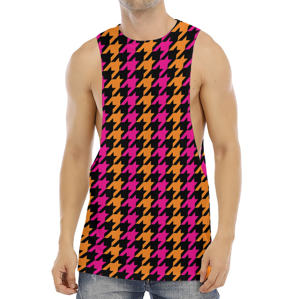 Orange Pink And Black Houndstooth Print Men's Muscle Tank Top