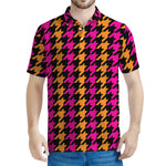 Orange Pink And Black Houndstooth Print Men's Polo Shirt