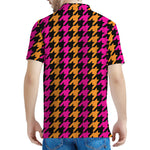Orange Pink And Black Houndstooth Print Men's Polo Shirt