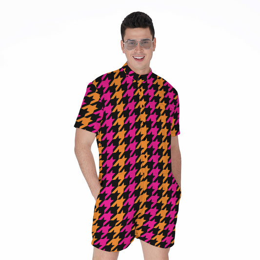 Orange Pink And Black Houndstooth Print Men's Rompers