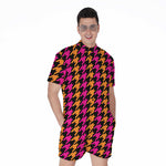 Orange Pink And Black Houndstooth Print Men's Rompers