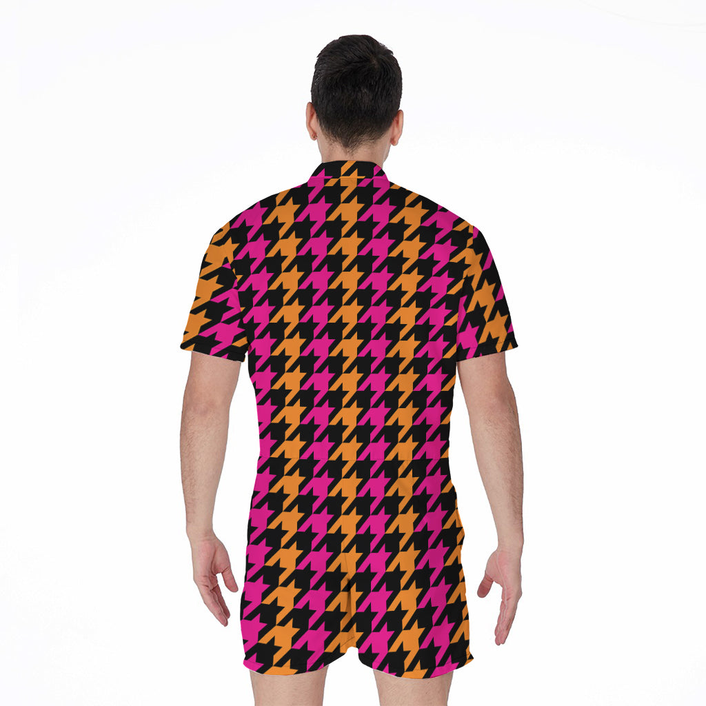 Orange Pink And Black Houndstooth Print Men's Rompers