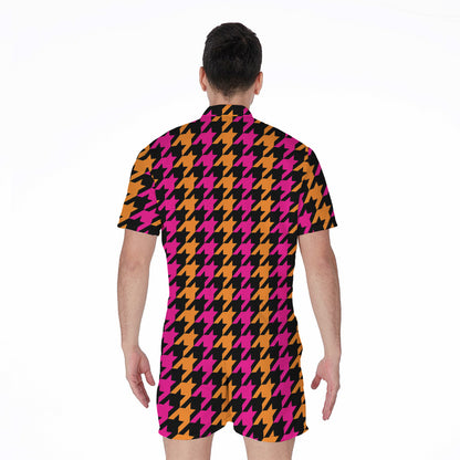 Orange Pink And Black Houndstooth Print Men's Rompers