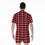 Orange Pink And Black Houndstooth Print Men's Rompers