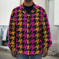 Orange Pink And Black Houndstooth Print Men's Shirt Jacket