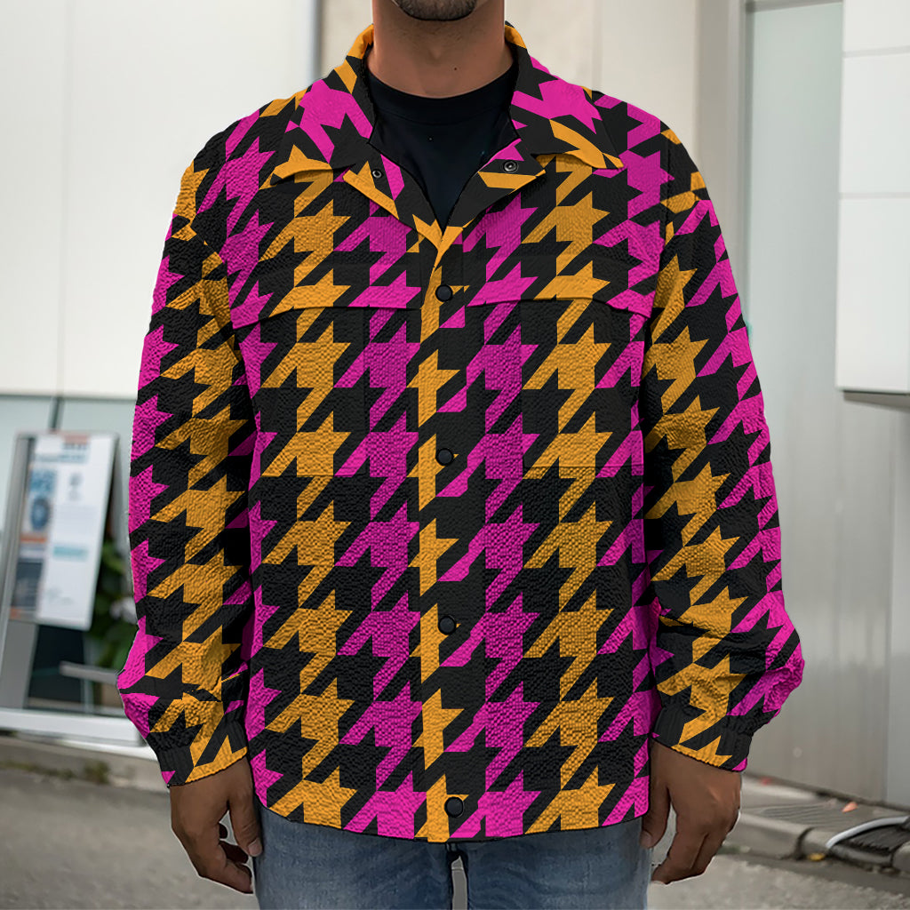 Orange Pink And Black Houndstooth Print Men's Shirt Jacket