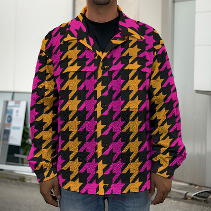 Orange Pink And Black Houndstooth Print Men's Shirt Jacket