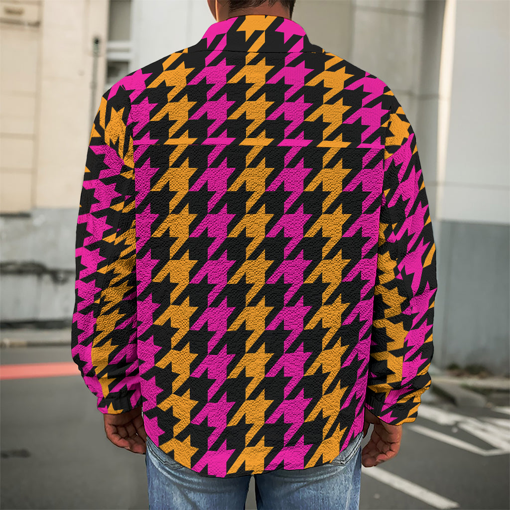 Orange Pink And Black Houndstooth Print Men's Shirt Jacket