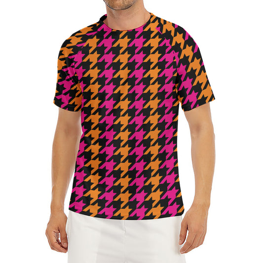 Orange Pink And Black Houndstooth Print Men's Short Sleeve Rash Guard