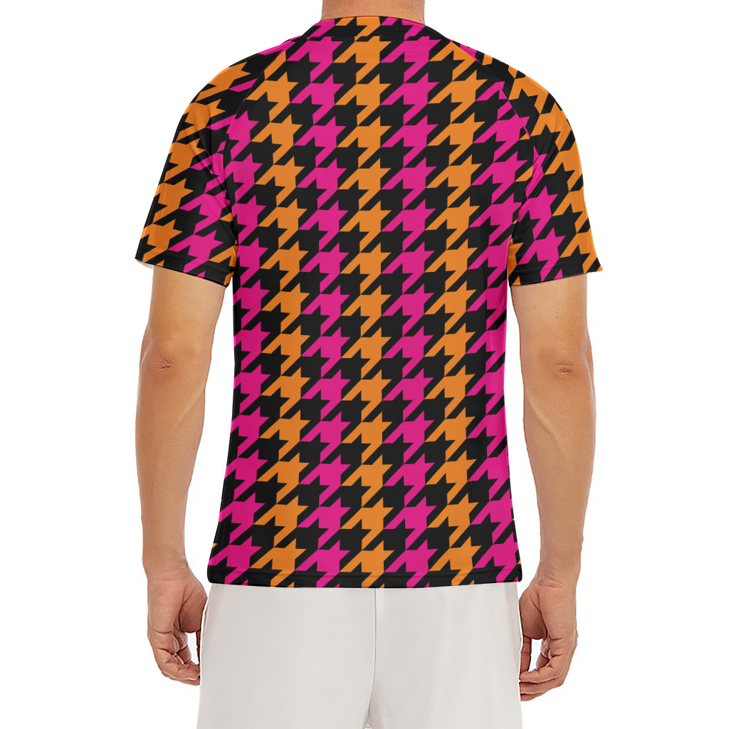 Orange Pink And Black Houndstooth Print Men's Short Sleeve Rash Guard