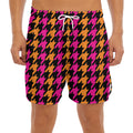 Orange Pink And Black Houndstooth Print Men's Split Running Shorts