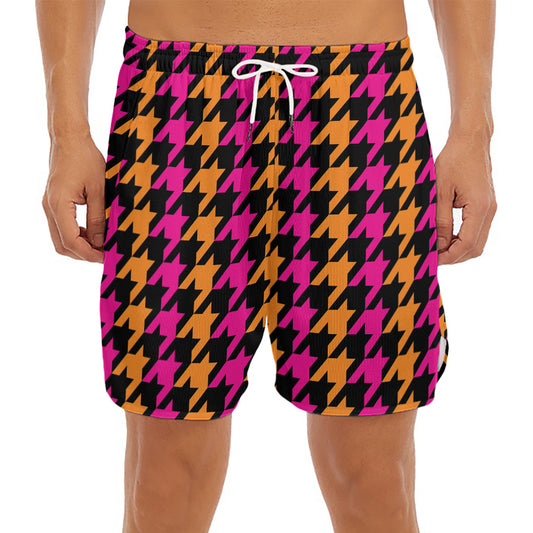 Orange Pink And Black Houndstooth Print Men's Split Running Shorts