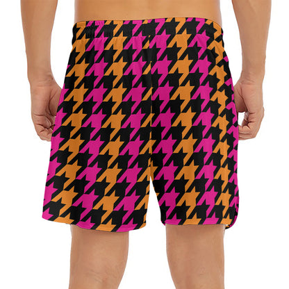 Orange Pink And Black Houndstooth Print Men's Split Running Shorts