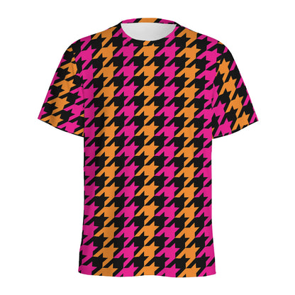 Orange Pink And Black Houndstooth Print Men's Sports T-Shirt