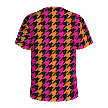 Orange Pink And Black Houndstooth Print Men's Sports T-Shirt
