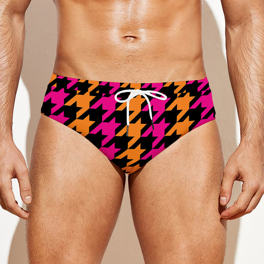 Orange Pink And Black Houndstooth Print Men's Swim Briefs