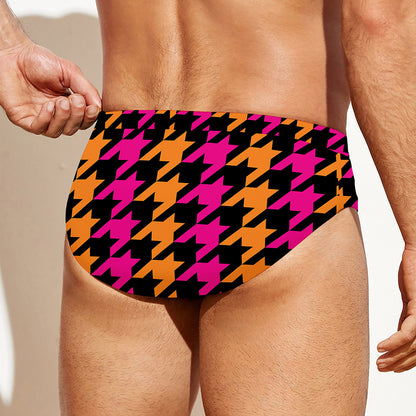 Orange Pink And Black Houndstooth Print Men's Swim Briefs