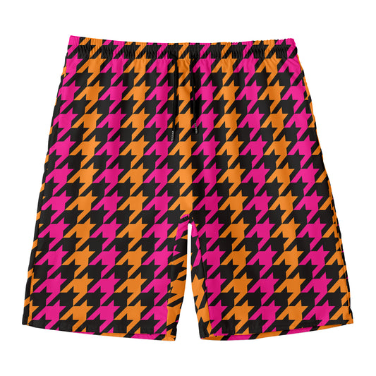 Orange Pink And Black Houndstooth Print Men's Swim Trunks