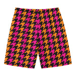 Orange Pink And Black Houndstooth Print Men's Swim Trunks