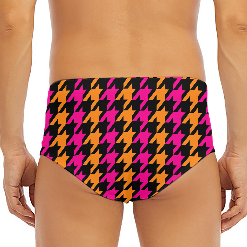 Orange Pink And Black Houndstooth Print Men's Triangle Swim Briefs
