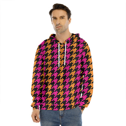 Orange Pink And Black Houndstooth Print Men's Velvet Pullover Hoodie