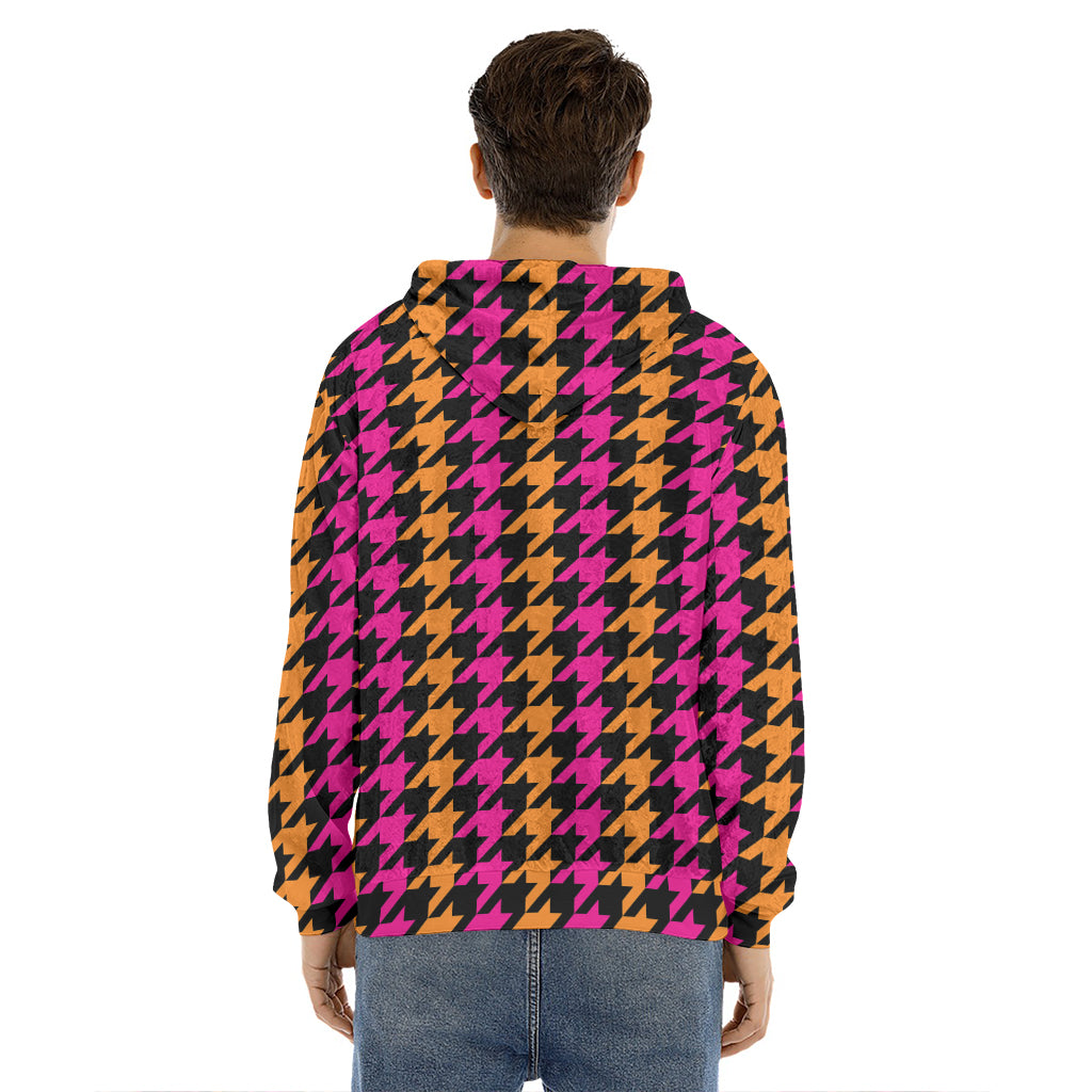 Orange Pink And Black Houndstooth Print Men's Velvet Pullover Hoodie
