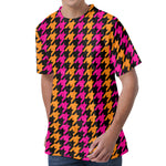 Orange Pink And Black Houndstooth Print Men's Velvet T-Shirt