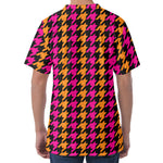 Orange Pink And Black Houndstooth Print Men's Velvet T-Shirt