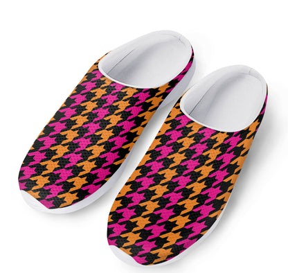 Orange Pink And Black Houndstooth Print Mesh Casual Shoes