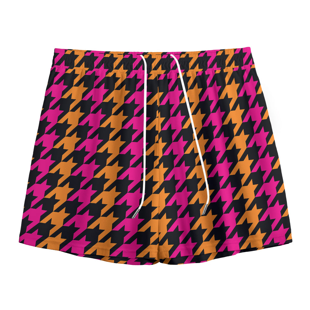 Orange Pink And Black Houndstooth Print Mesh Shorts