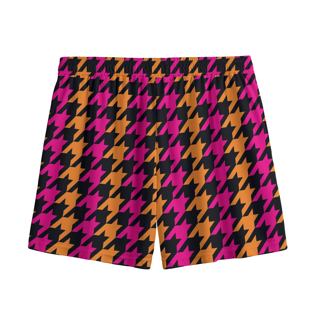 Orange Pink And Black Houndstooth Print Mesh Shorts