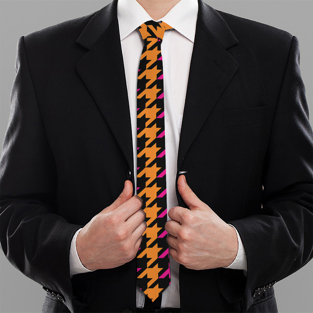 Orange Pink And Black Houndstooth Print Necktie