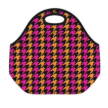 Orange Pink And Black Houndstooth Print Neoprene Lunch Bag