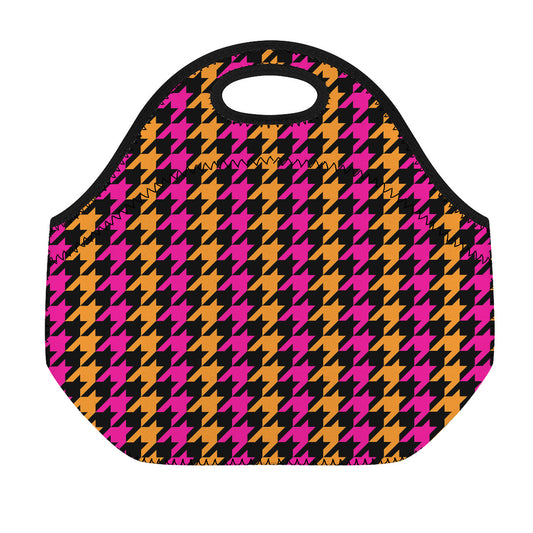 Orange Pink And Black Houndstooth Print Neoprene Lunch Bag