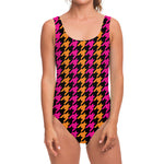 Orange Pink And Black Houndstooth Print One Piece Swimsuit