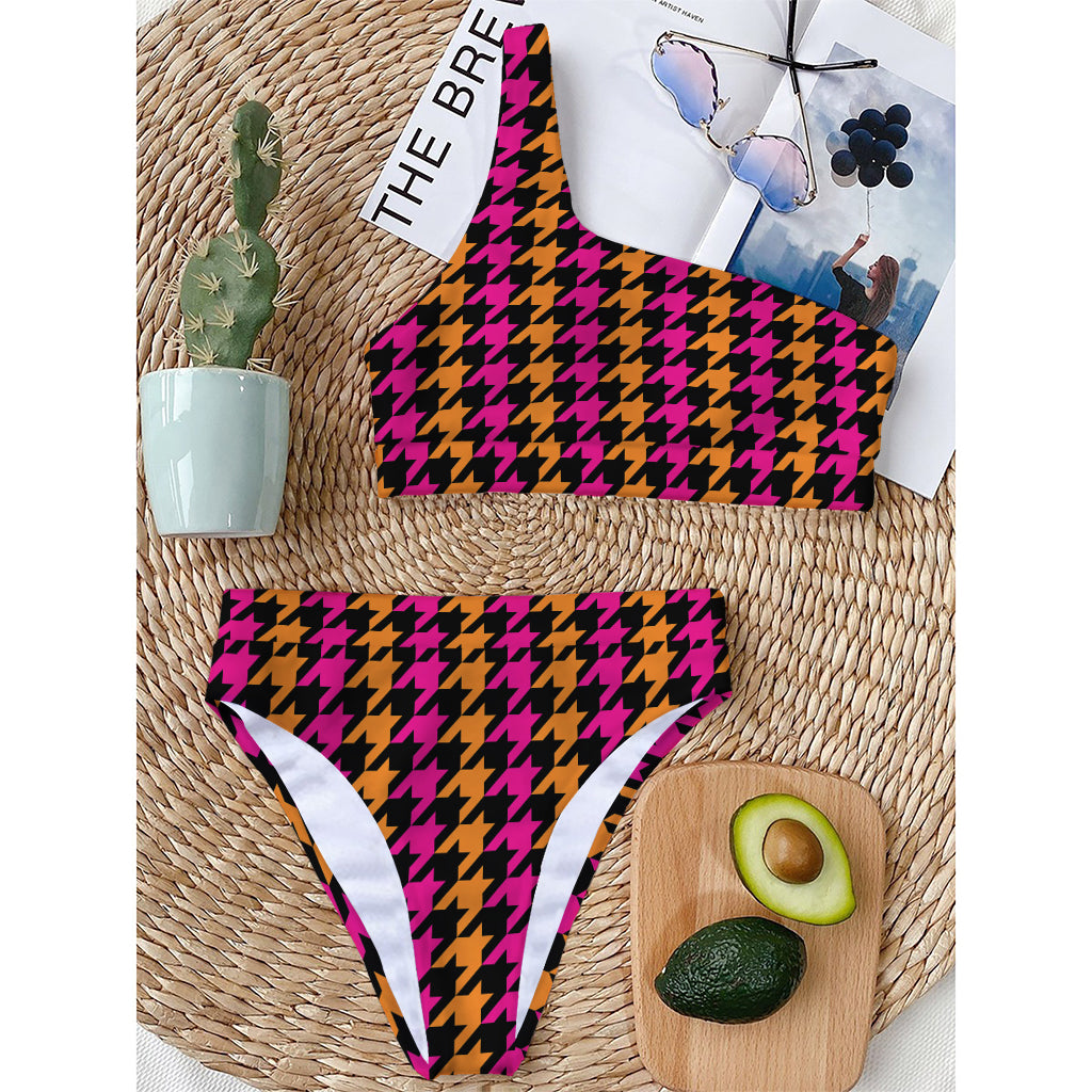 Orange Pink And Black Houndstooth Print One Shoulder Bikini Top