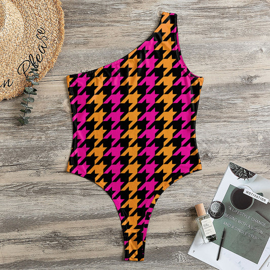 Orange Pink And Black Houndstooth Print One Shoulder Bodysuit