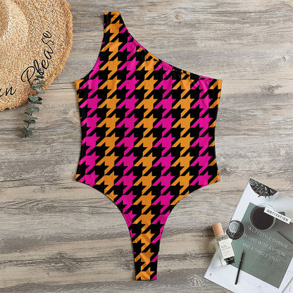 Orange Pink And Black Houndstooth Print One Shoulder Bodysuit