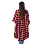 Orange Pink And Black Houndstooth Print Open Front Beach Cover Up
